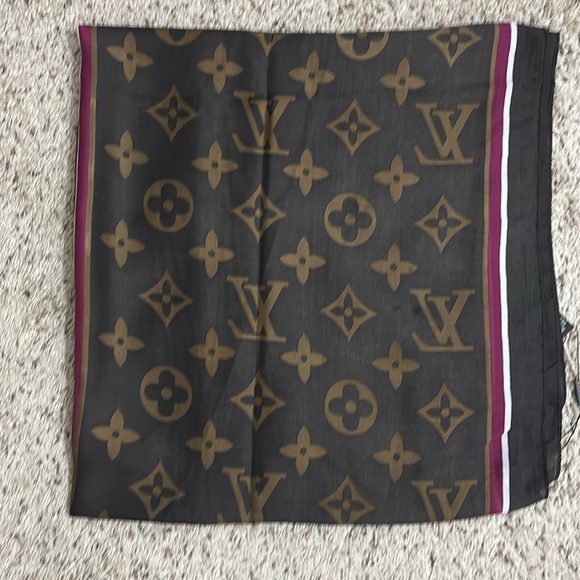 LV Silk Scarf Shawl Monogram Brown Tan Print - Picture 4 of 6